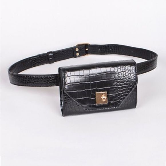 Belt Bag/ Fanny- Embossed Reptile Pattern- Black - Picture 1 of 8